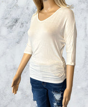 Load image into Gallery viewer, White v-neck 1/2 sleeve top with ruched sides
