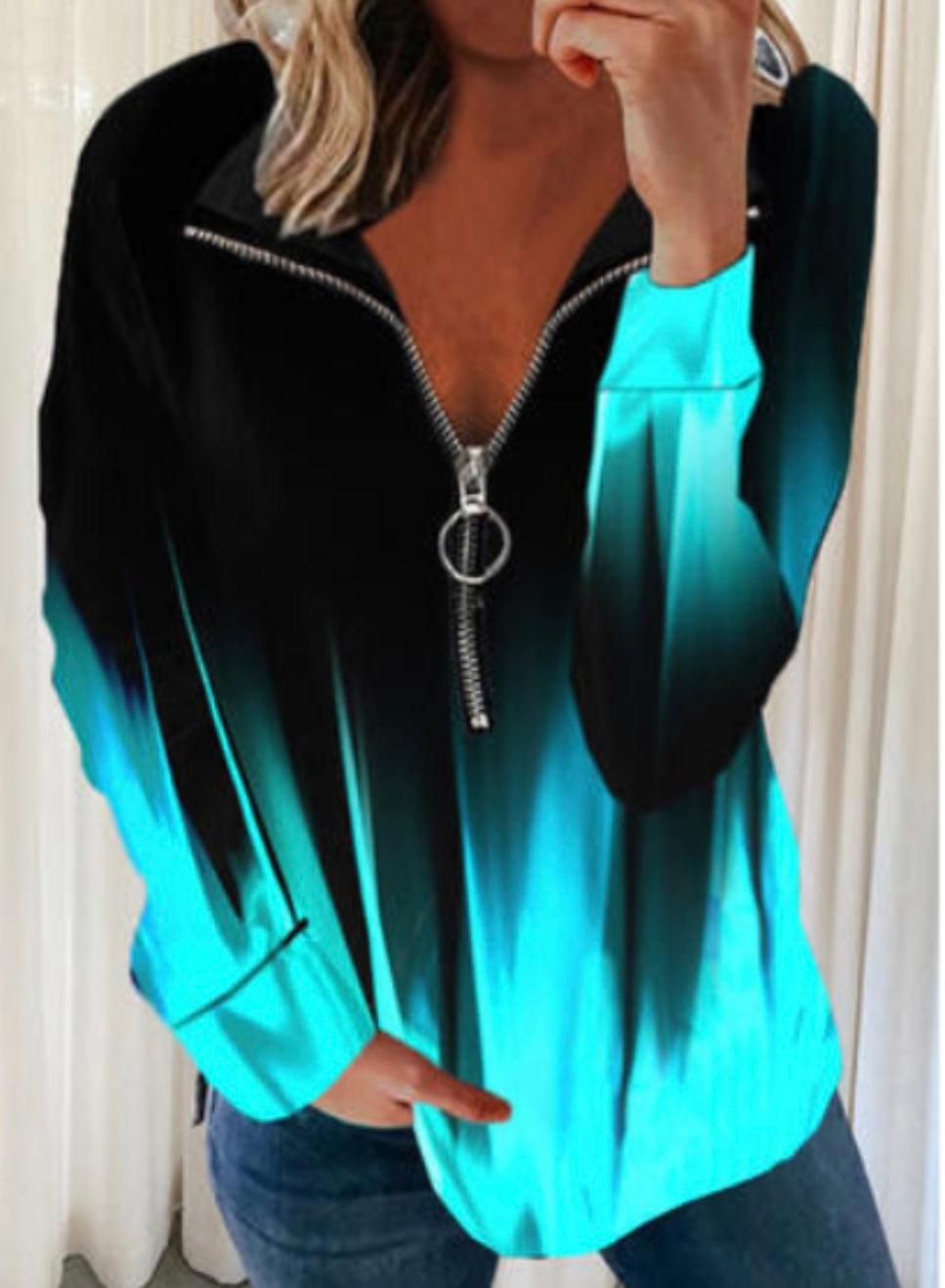Gradient lapel long sleeve sweatshirt with zipper