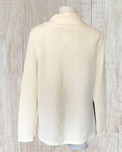 Waffle knit crossover sweater with 2 decorative buttons