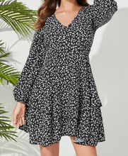 Load image into Gallery viewer, Black calico tiered hem mini dress
