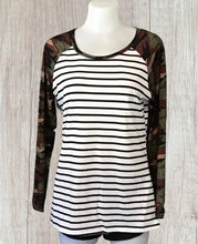 Load image into Gallery viewer, Striped and solid long sleeve tops with camouflage print sleeves
