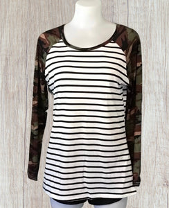 Striped and solid long sleeve tops with camouflage print sleeves