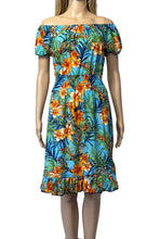 Load image into Gallery viewer, Blue floral off shoulder dress with ruffle
