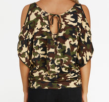 Load image into Gallery viewer, Camouflage tee with cold shoulder and tie up back
