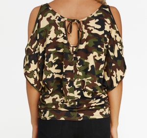 Camouflage tee with cold shoulder and tie up back