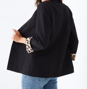 Black blazer with leopard print trim