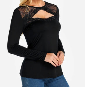 Black long sleeve cut out top with lace insert