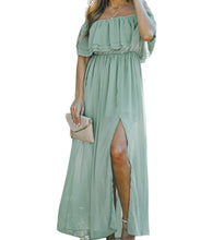 Load image into Gallery viewer, Off the shoulder green ruffled maxi dress
