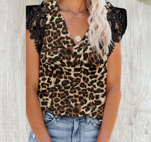 Sleeveless crochet lace animal print tank top