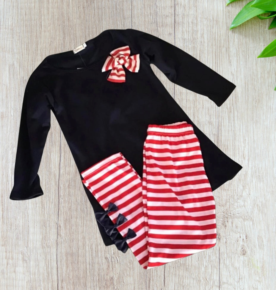 Girls navy pant set with stripes & bows