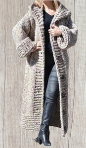 Chunky knit long hooded cardigan with buttons