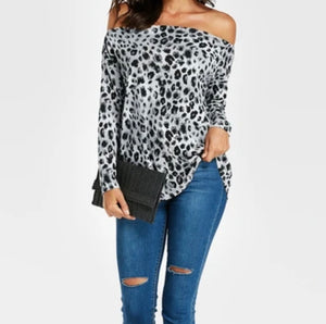 Grey leopard print off shoulder blouse