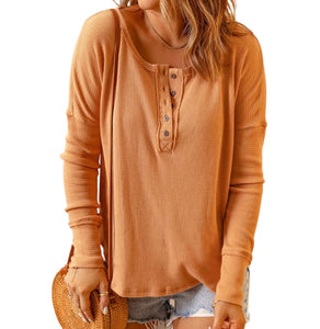 Orange waffle knit button up long sleeve top