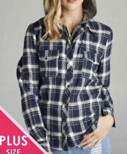 Plus size plaid shirt with hood