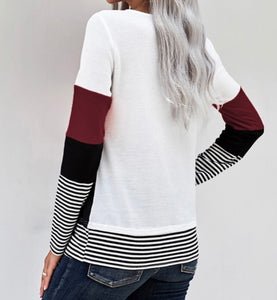 Stylish color block striped red long sleeve top