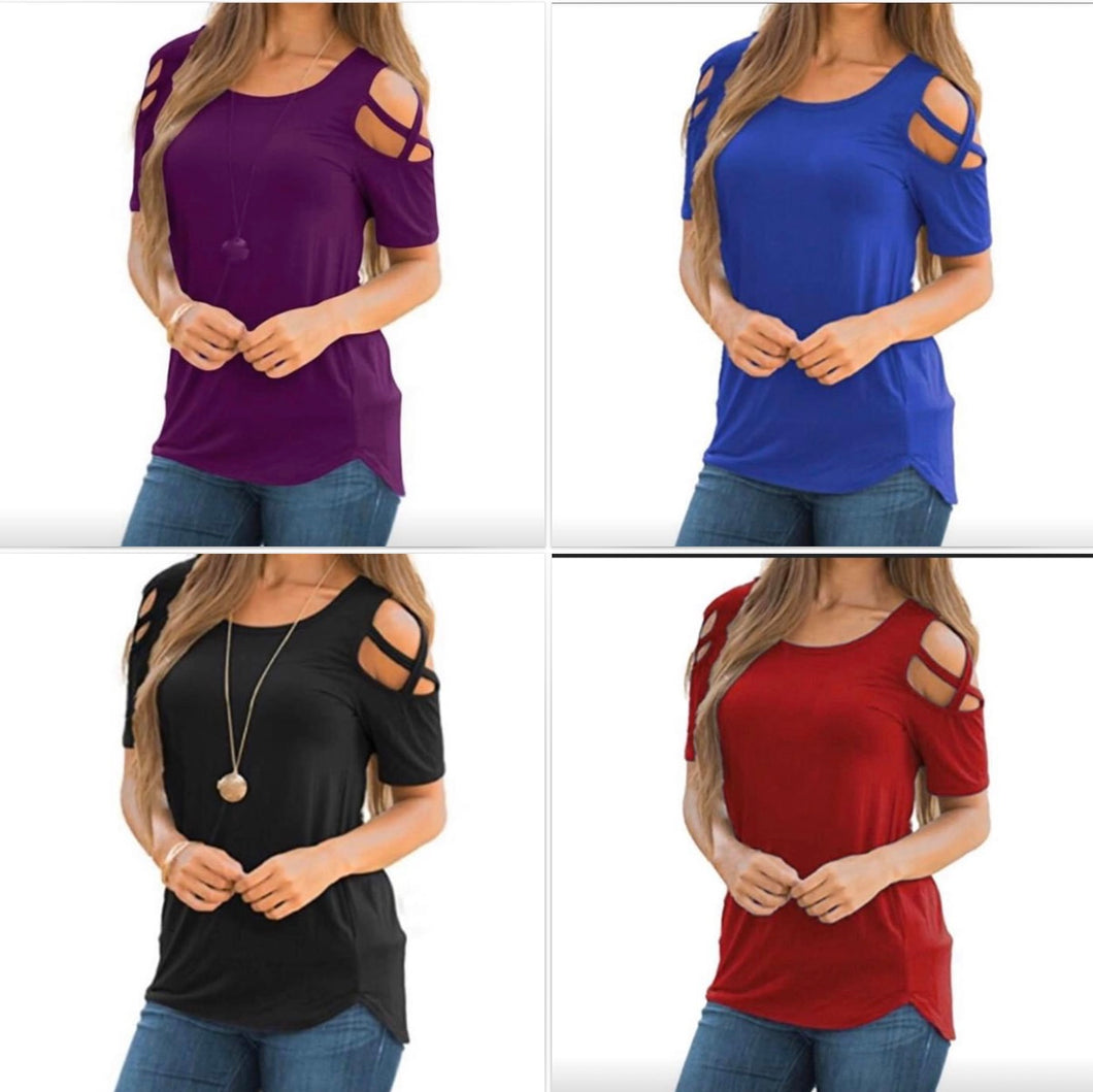 T-shirts with criss cross shoulder