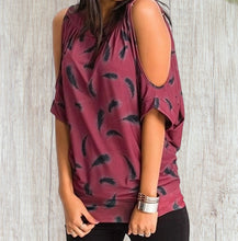 Load image into Gallery viewer, Cold shoulder feather print top
