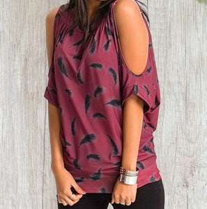 Cold shoulder feather print top