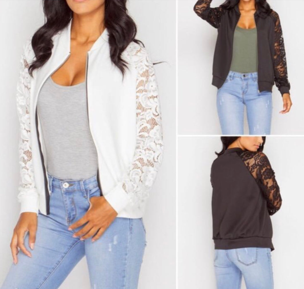 Lightweight bomber jacket with lace sleeves