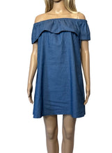 Load image into Gallery viewer, Off shoulder denim dress with  ruffle and side pockets
