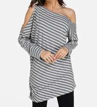 Load image into Gallery viewer, Striped cold shoulder, off one shoulder sweater
