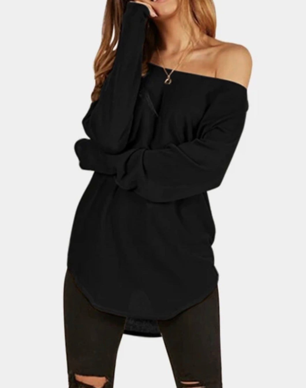 Off one shoulder black high/low long top