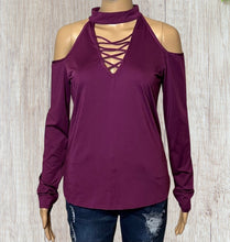 Load image into Gallery viewer, Cold shoulder long sleeve choker style top with criss cross

