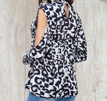 Load image into Gallery viewer, Cold shoulder black animal print top.

