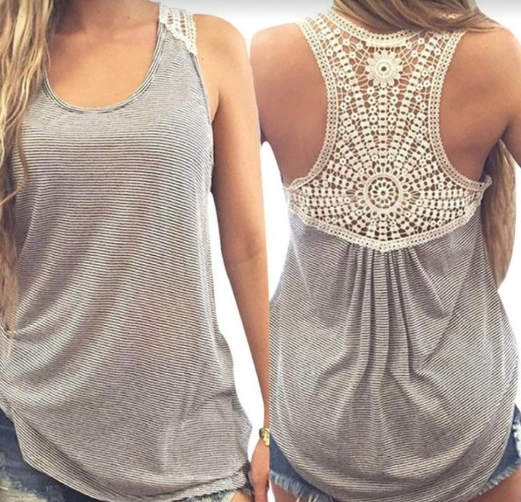 Pinstriped tank top with crochet back