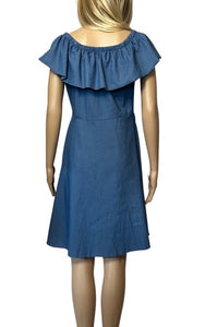 Denim button up dress with ruffle