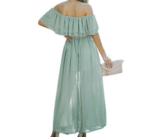 Load image into Gallery viewer, Off the shoulder green ruffled maxi dress
