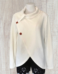 Waffle knit crossover sweater with 2 decorative buttons
