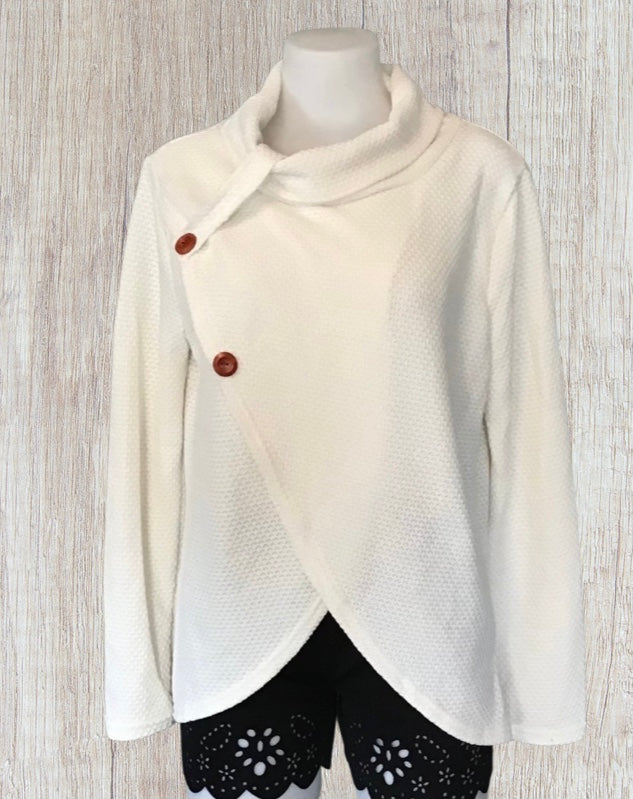 Waffle knit crossover sweater with 2 decorative buttons
