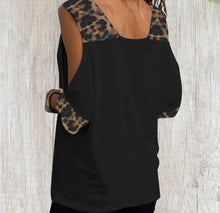 Load image into Gallery viewer, Cold shoulder V-neck tee with leopard print trim
