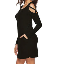 Load image into Gallery viewer, Black dress with criss cross shoulder
