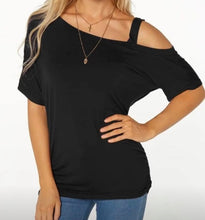 Load image into Gallery viewer, Black pleated design one strap short sleeve top
