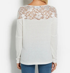 Plus size white lace insert waffle knit top