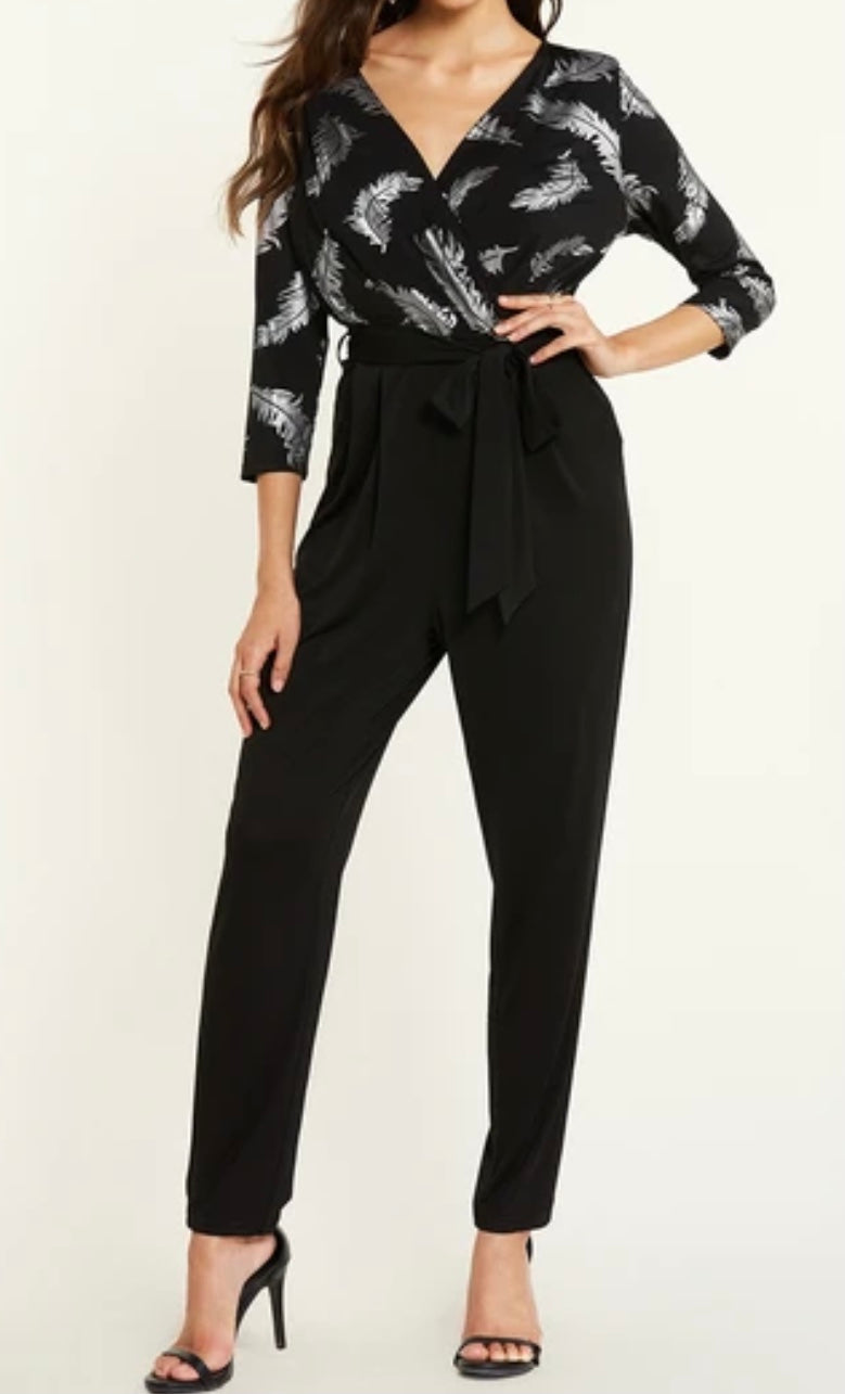 Black deep v-neck crossed front design jumpsuit with belt