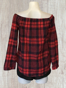 Red plaid off shoulder long sleeve top