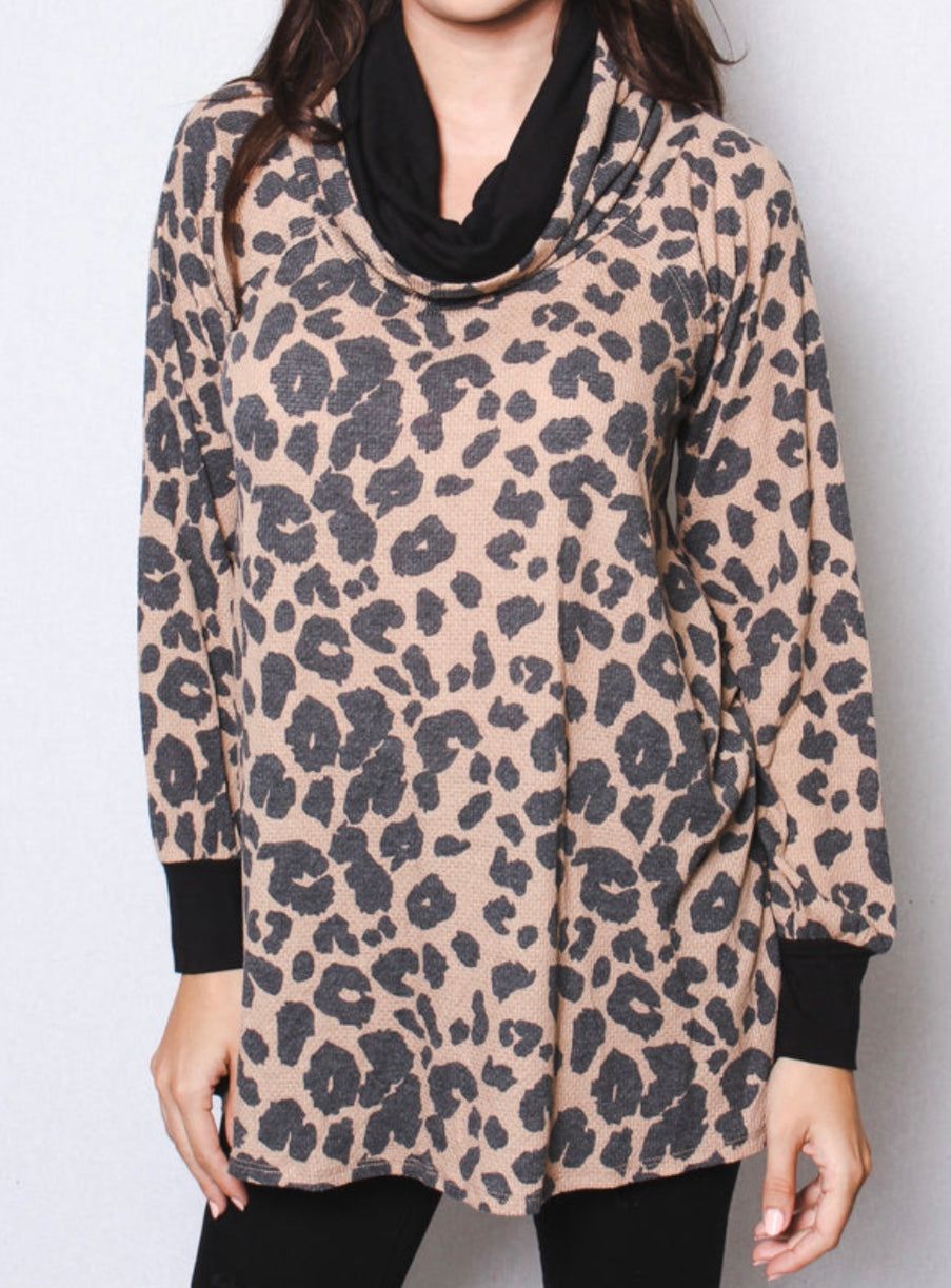 Plus size cheetah print long sleeve top with cowl neck