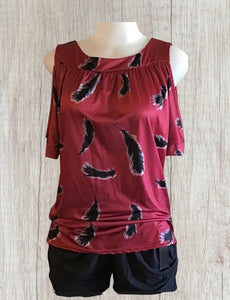 Cold shoulder feather print top