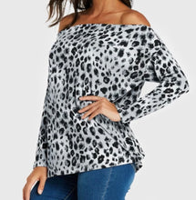 Load image into Gallery viewer, Grey leopard print off shoulder blouse
