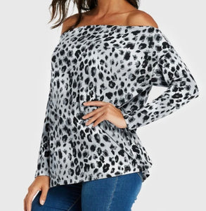 Grey leopard print off shoulder blouse