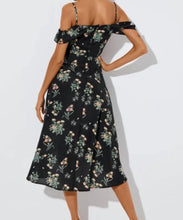 Load image into Gallery viewer, Black floral  cold shoulder crossover dress
