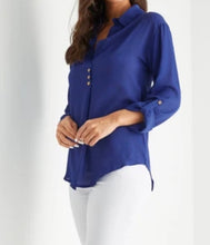 Load image into Gallery viewer, Blue button design classic collar v-neck blouse
