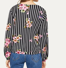 Load image into Gallery viewer, Black striped floral V-neck blouse
