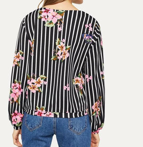 Black striped floral V-neck blouse