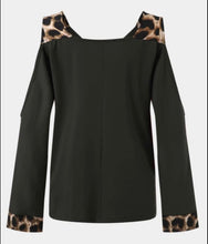 Load image into Gallery viewer, Cold shoulder long sleeve top with leopard print trim
