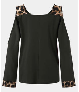 Cold shoulder long sleeve top with leopard print trim