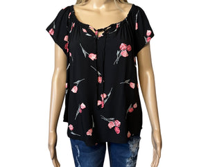 Short sleeve black floral tie up blouse